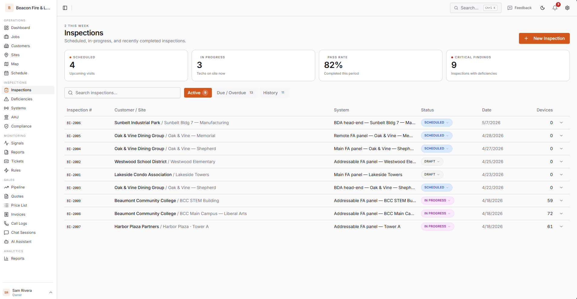 Inspection list with status, devices per system, and pass rate