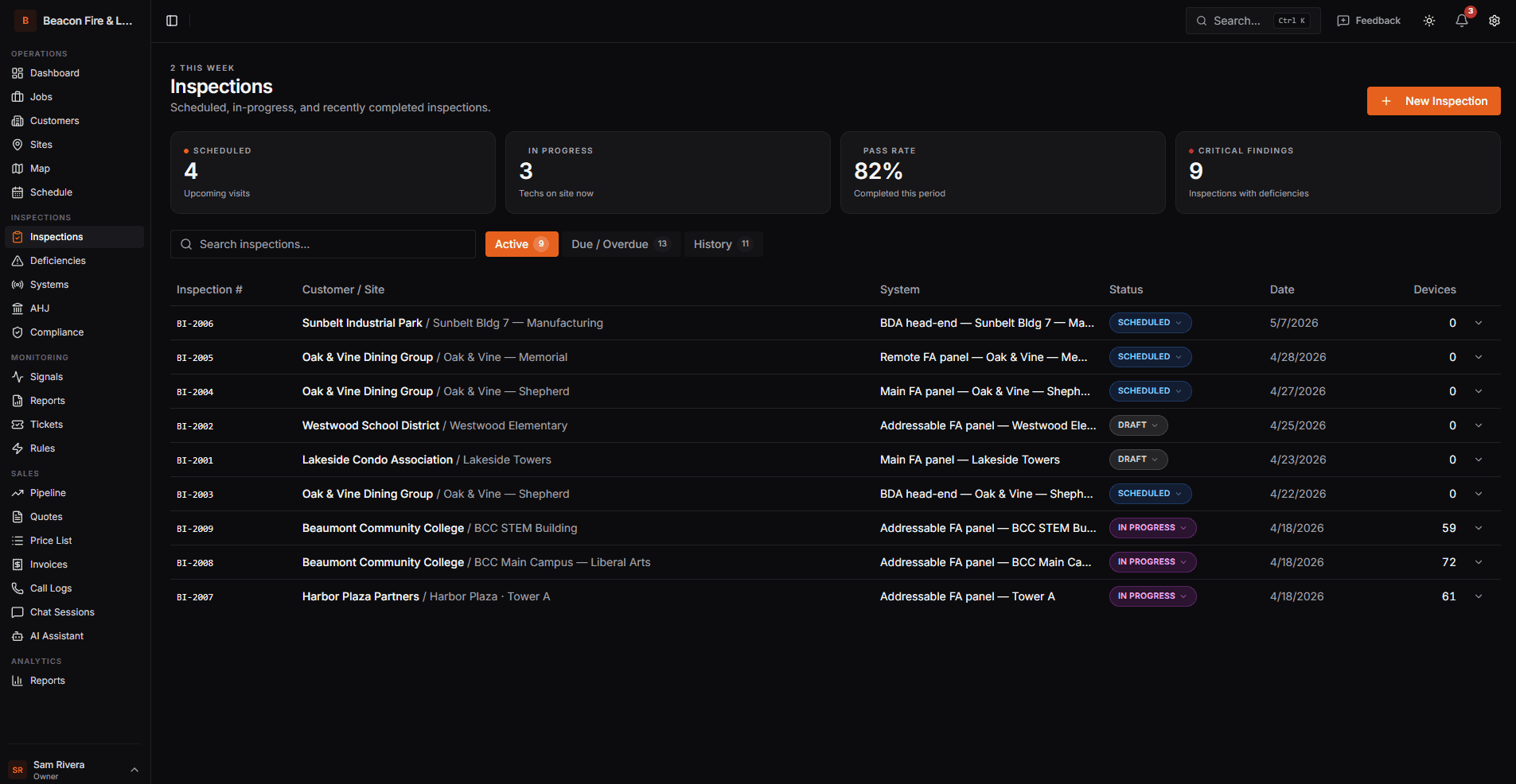 Inspection list with status, devices per system, and pass rate