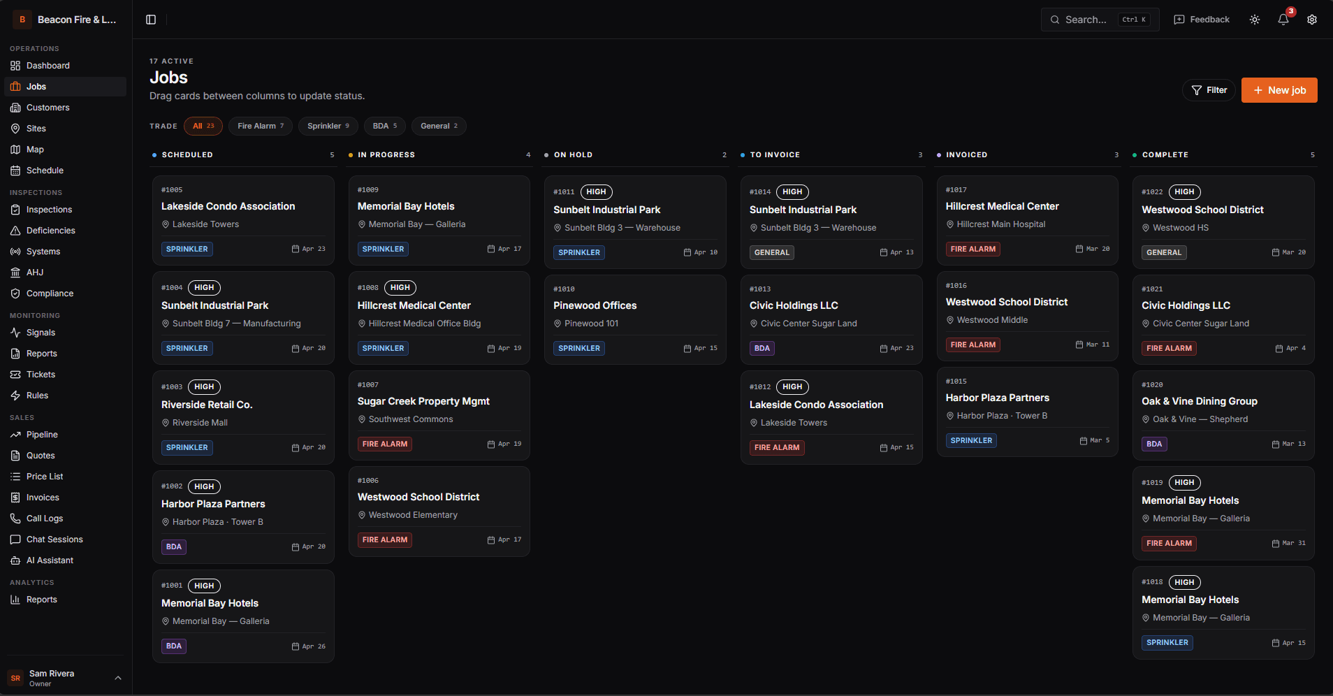 Jobs kanban board with columns for each status