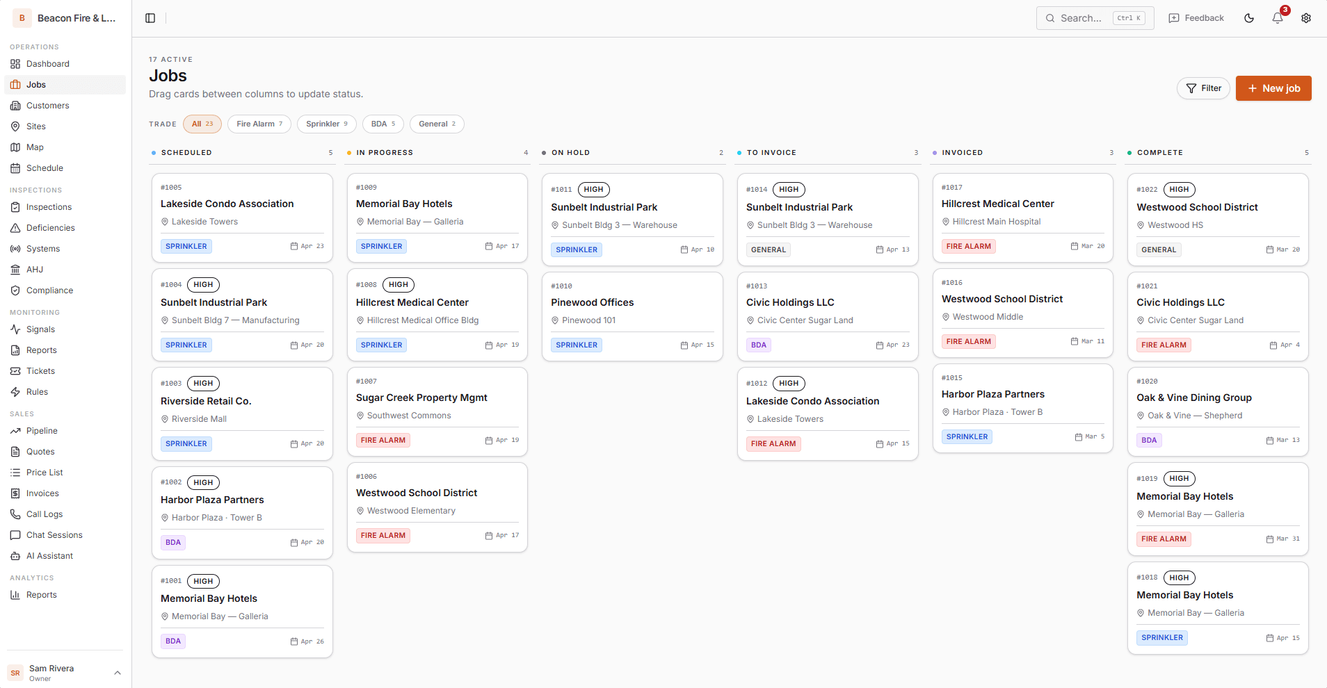 Jobs kanban board with columns for each status