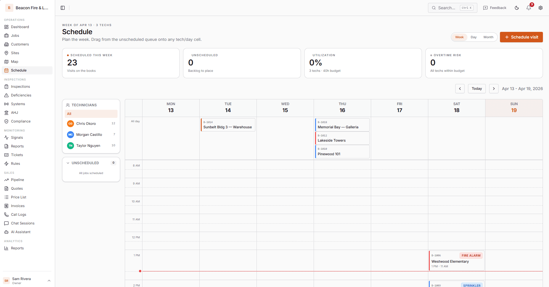 Weekly schedule calendar with technicians and jobs